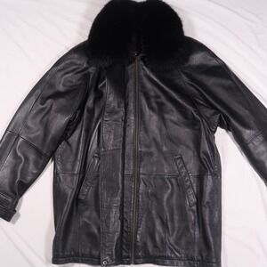 Leather Limited Men's Black Leather Car Coat Real Fox Fur Collar Thermolite XL